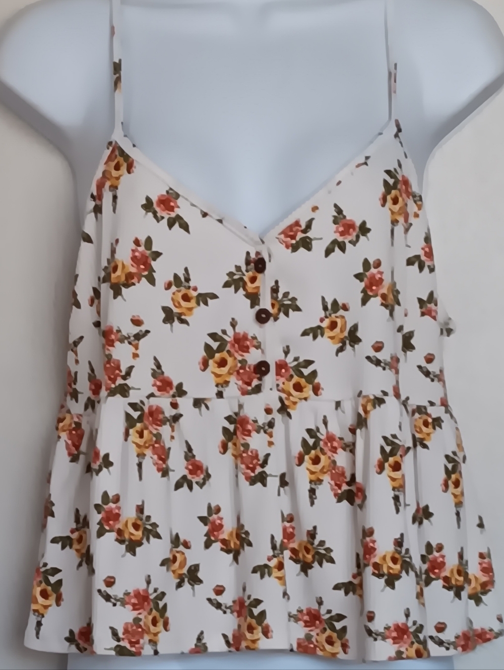 Papaya White Floral Spaghetti-Strap Peplum Babydoll Top Yellow & Pink Roses Sz L